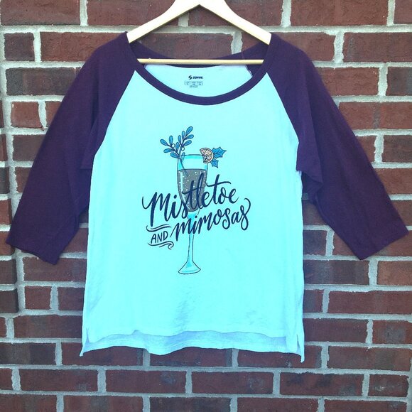 Christmas New Years Raglan Graphic Tee Mistletoe and Mimosas Burgundy White - Picture 1 of 6